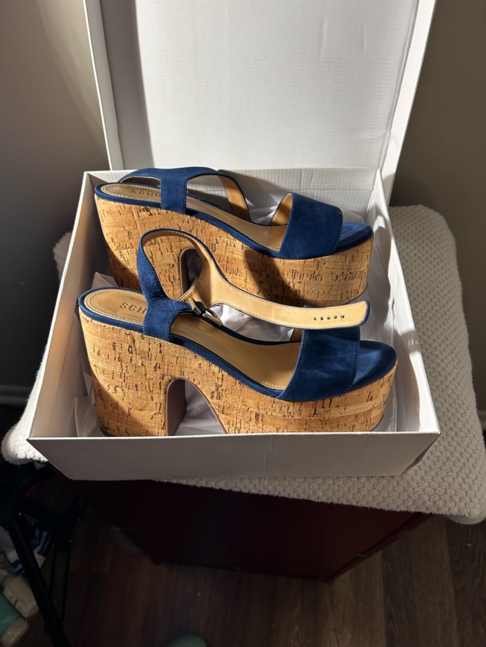 Schutz Sz 10 Blue Suede Cork Platform Sandals - Picture 2 of 16
